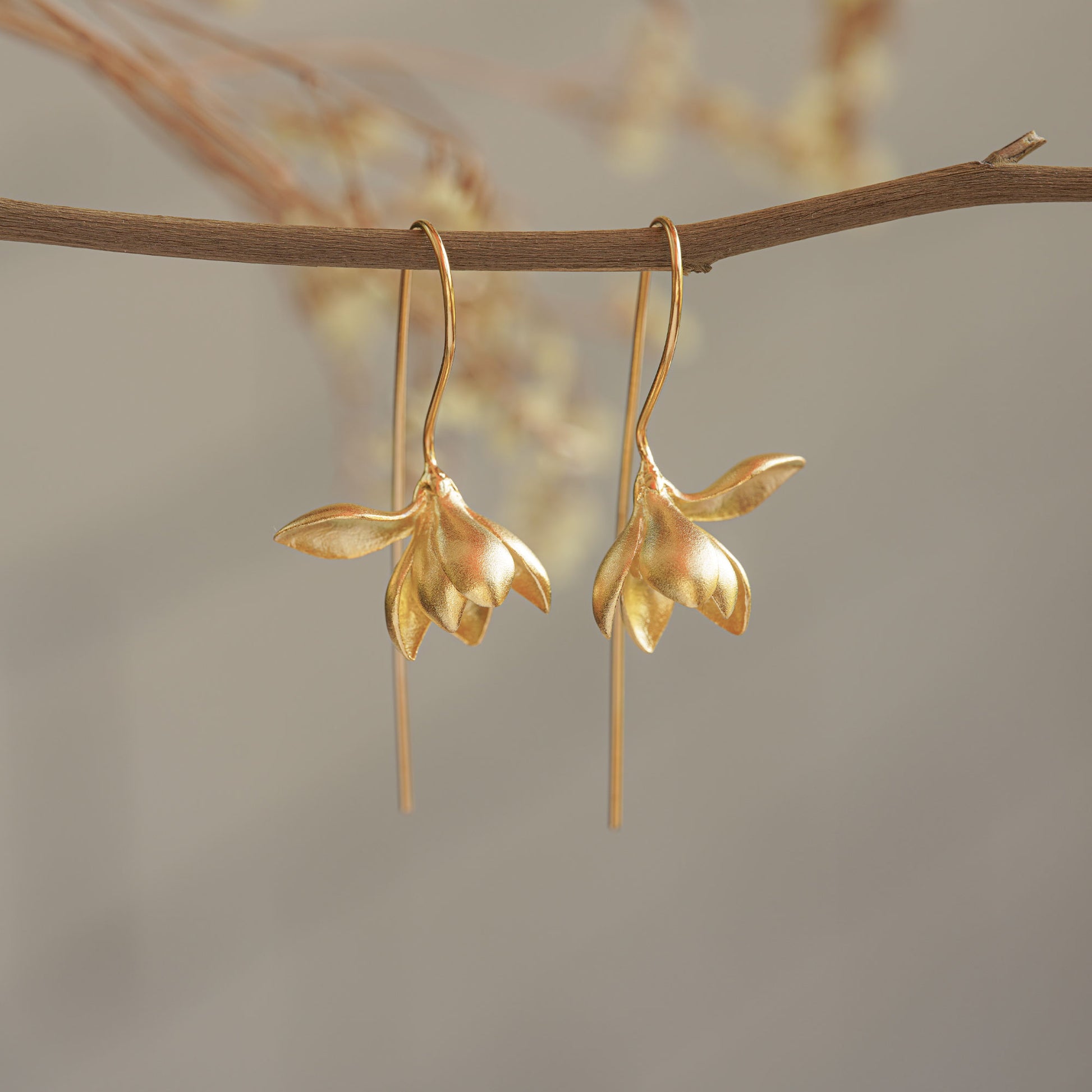 Golden magnolia earrings hanging from a tree branch