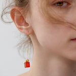 Christmas present earrings with festive gift box design
