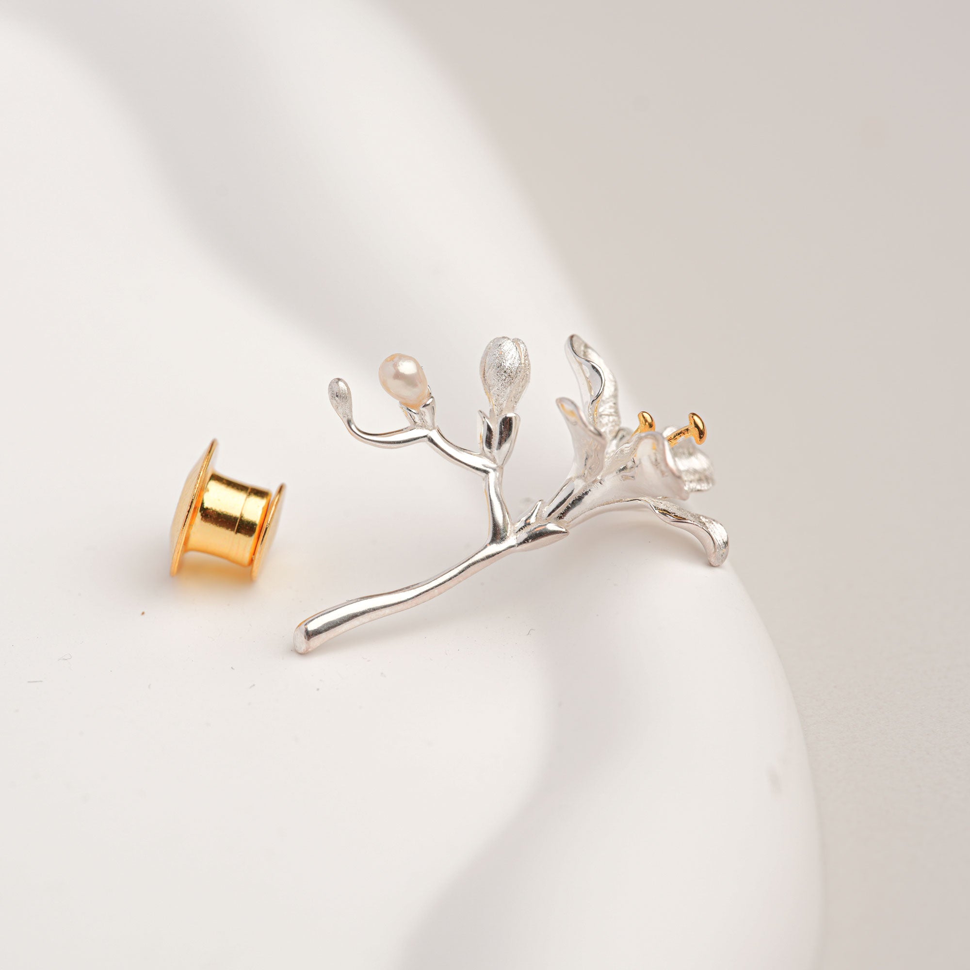Freesia flower brooch in sterling silver with gold accent