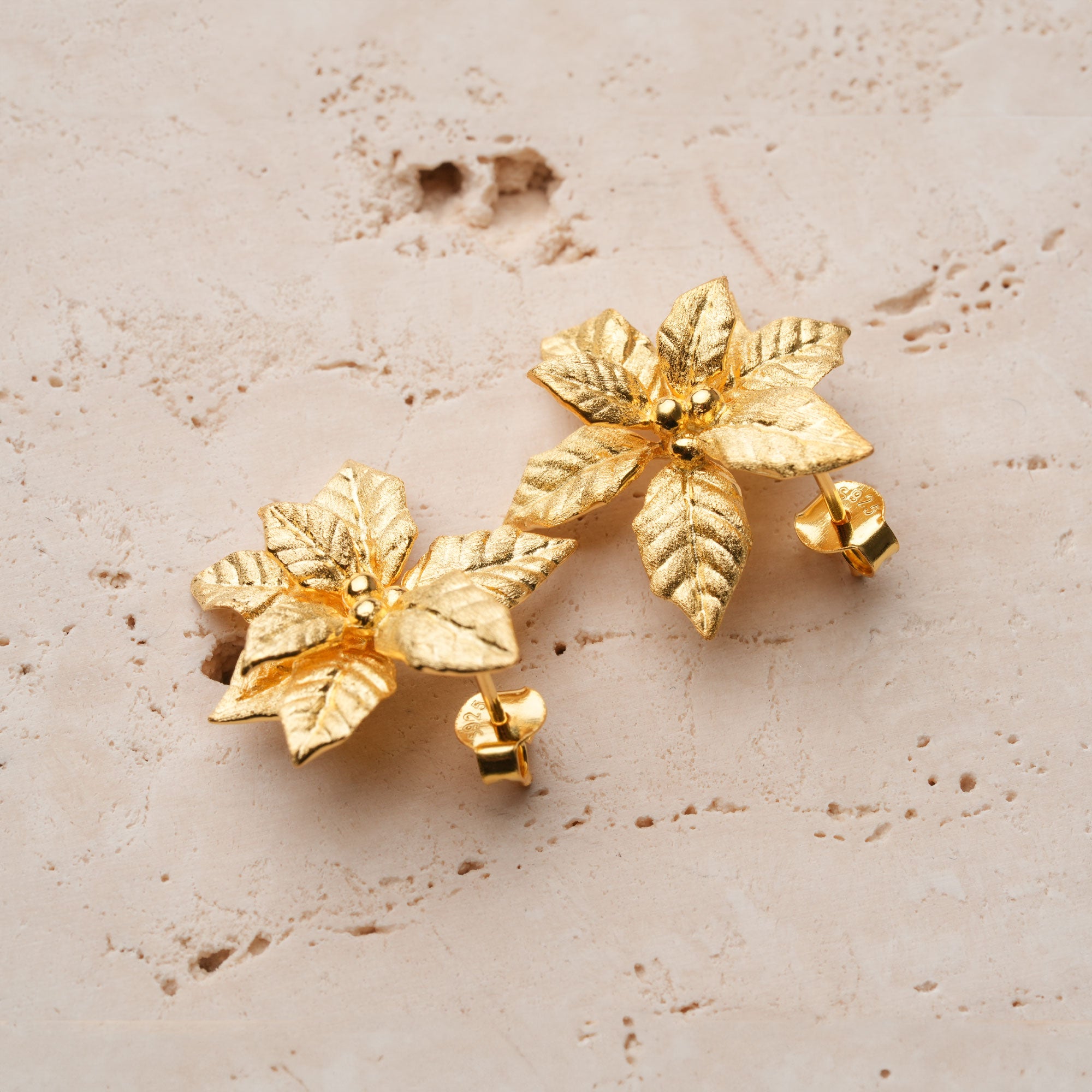 Poinsettia stud earrings close-up