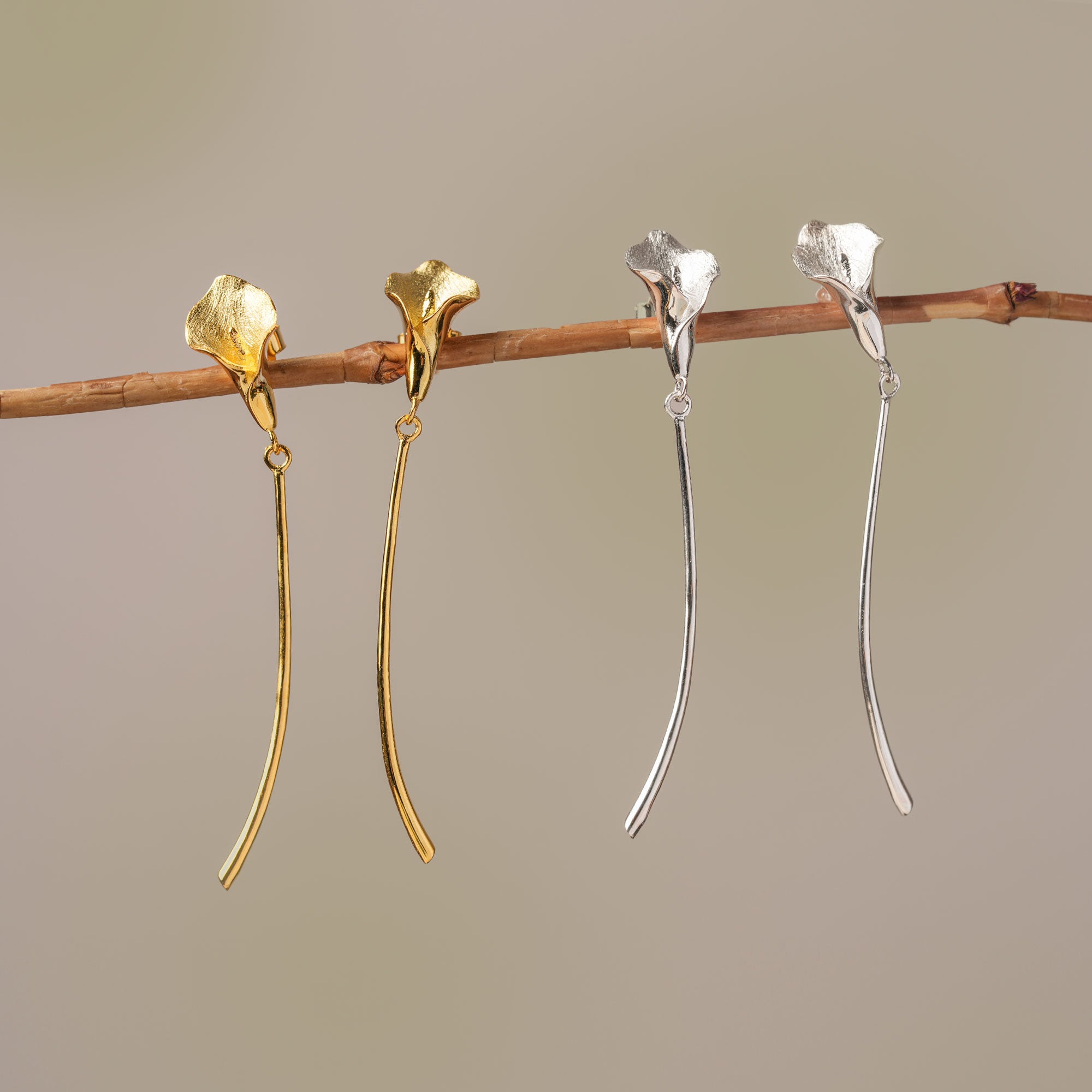 Silver calla lily earrings product view