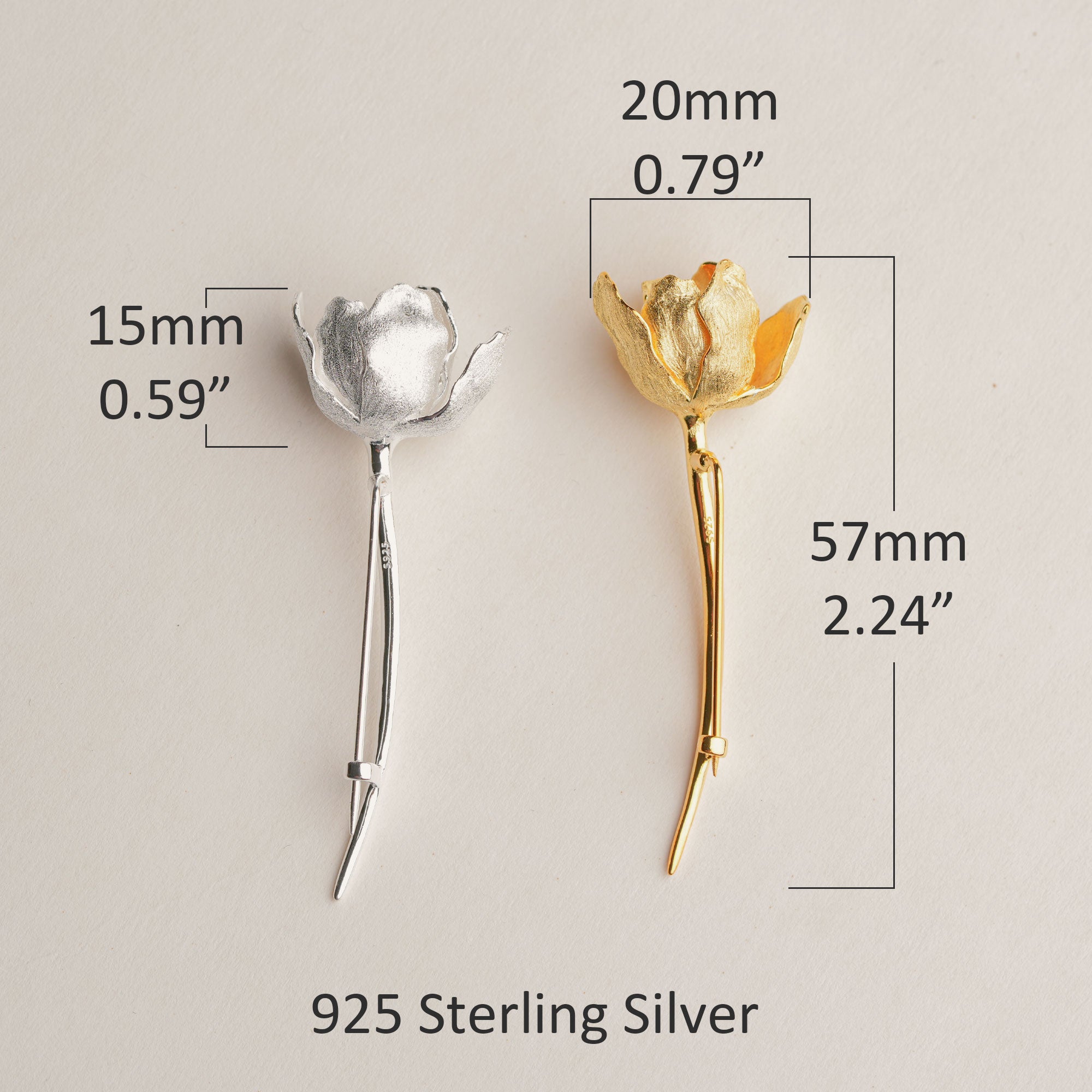 Tulip flower brooch size detail