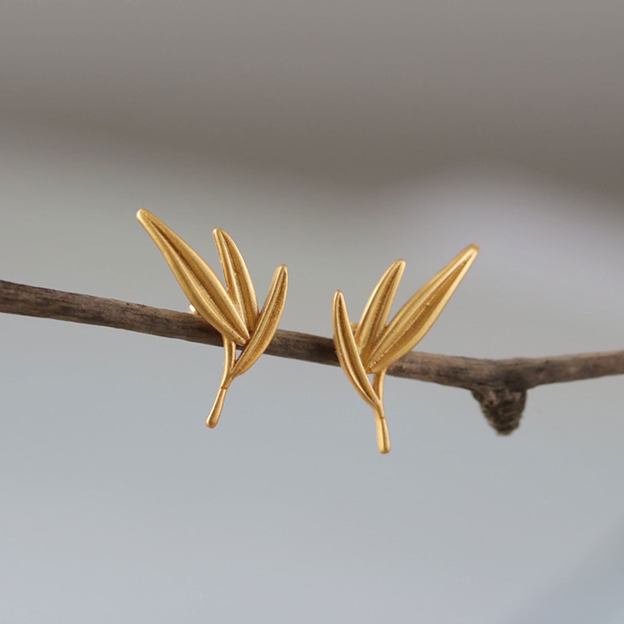 Bamboo leaf earrings with long botanical leaf design