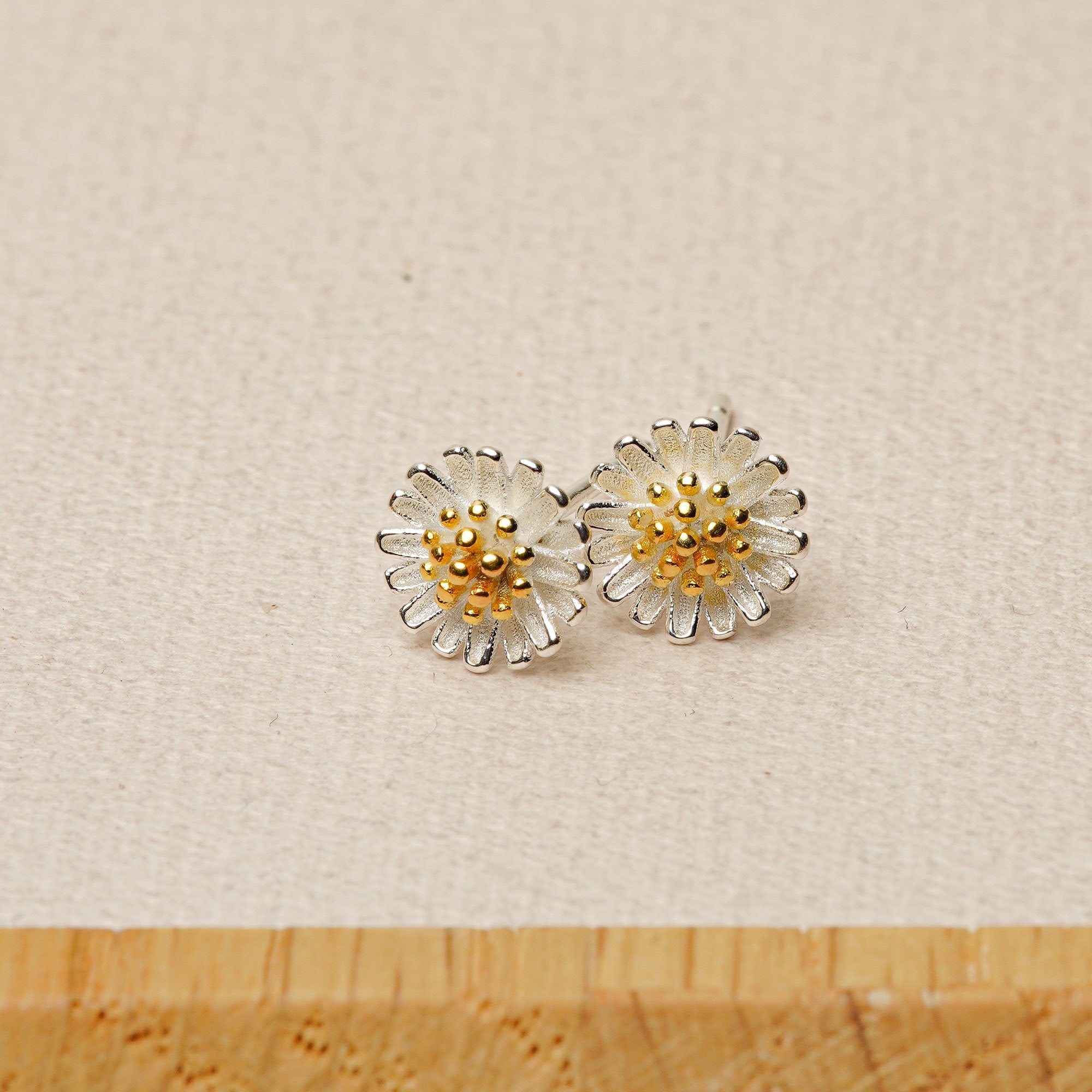 Close-up of daisy earrings showing petal details