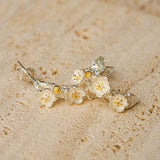 Close-up of plum blossom earrings showing petal details