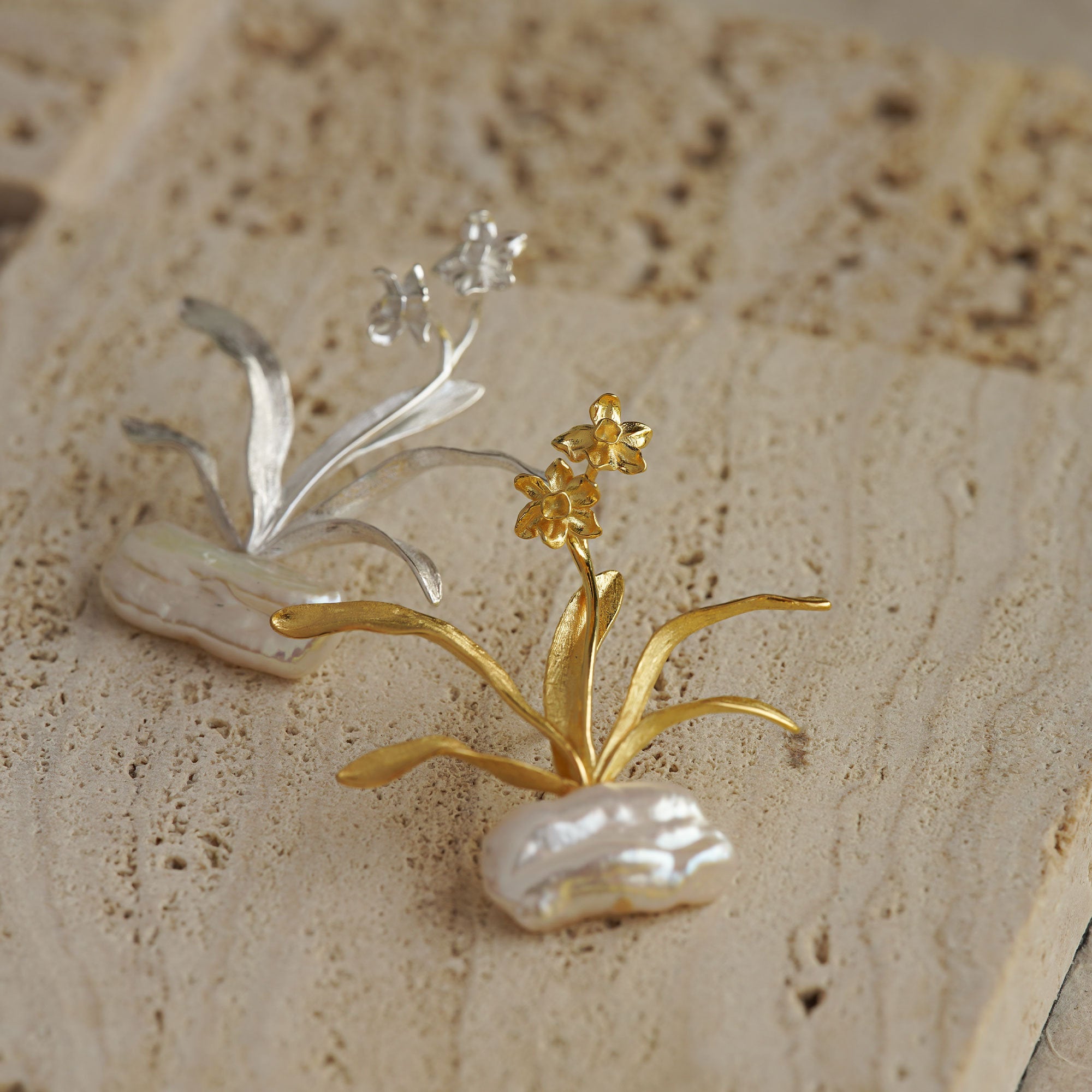 Daffodils brooch styled as botanical jewelry