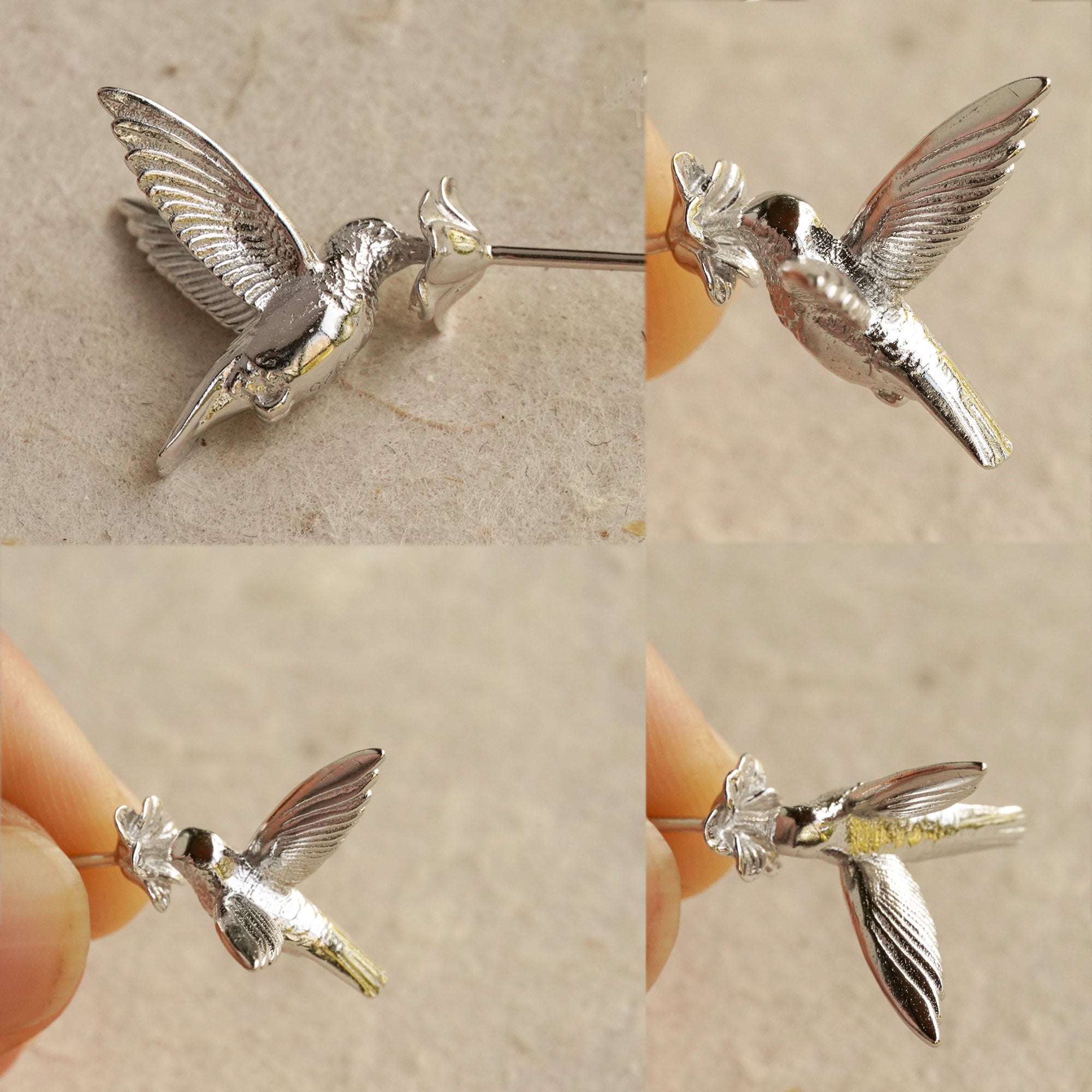 Hummingbird stud earrings showing wing details