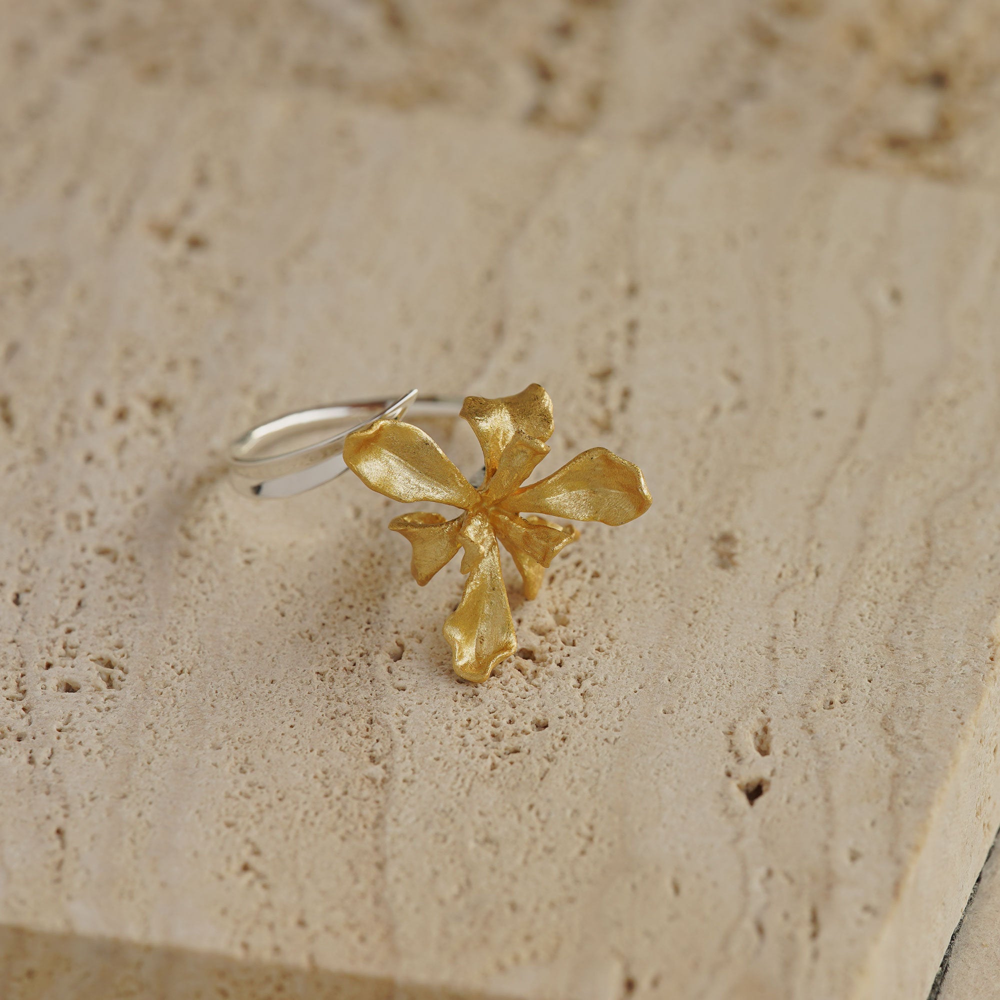 Iris floral ring styled as botanical jewelry
