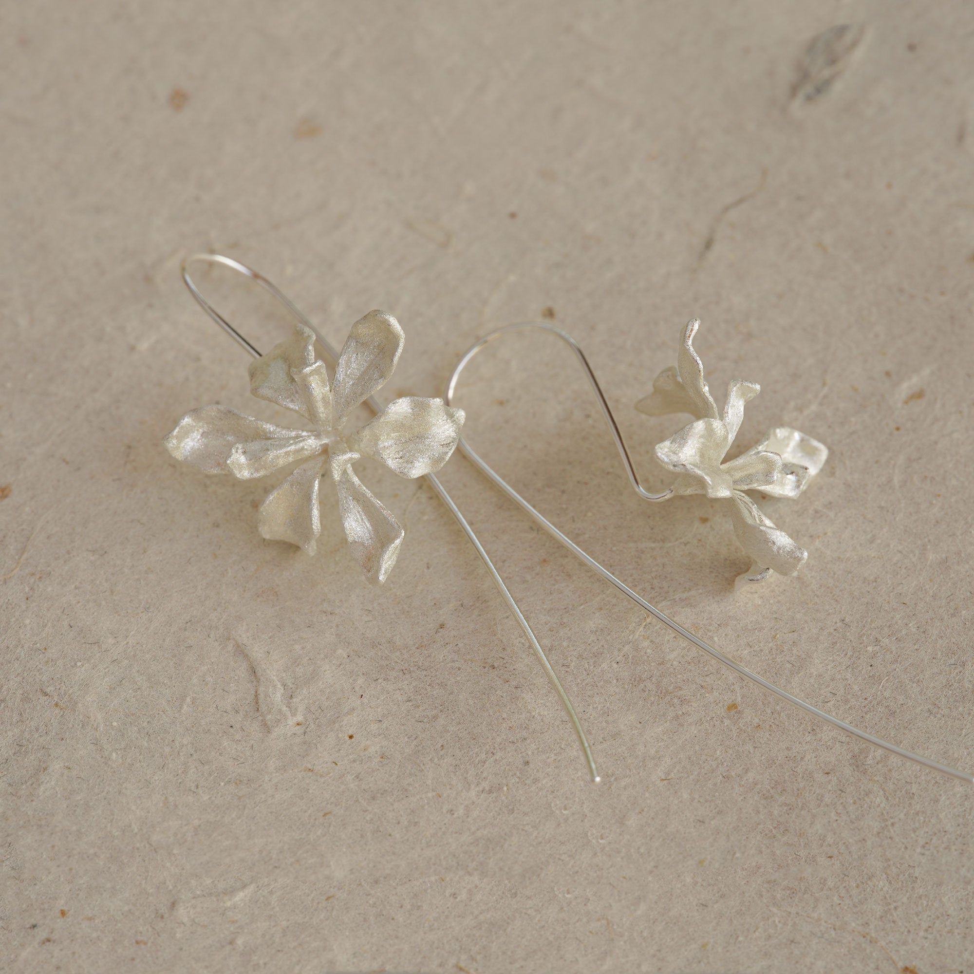 Iris flower drop earrings with elegant floral silhouette