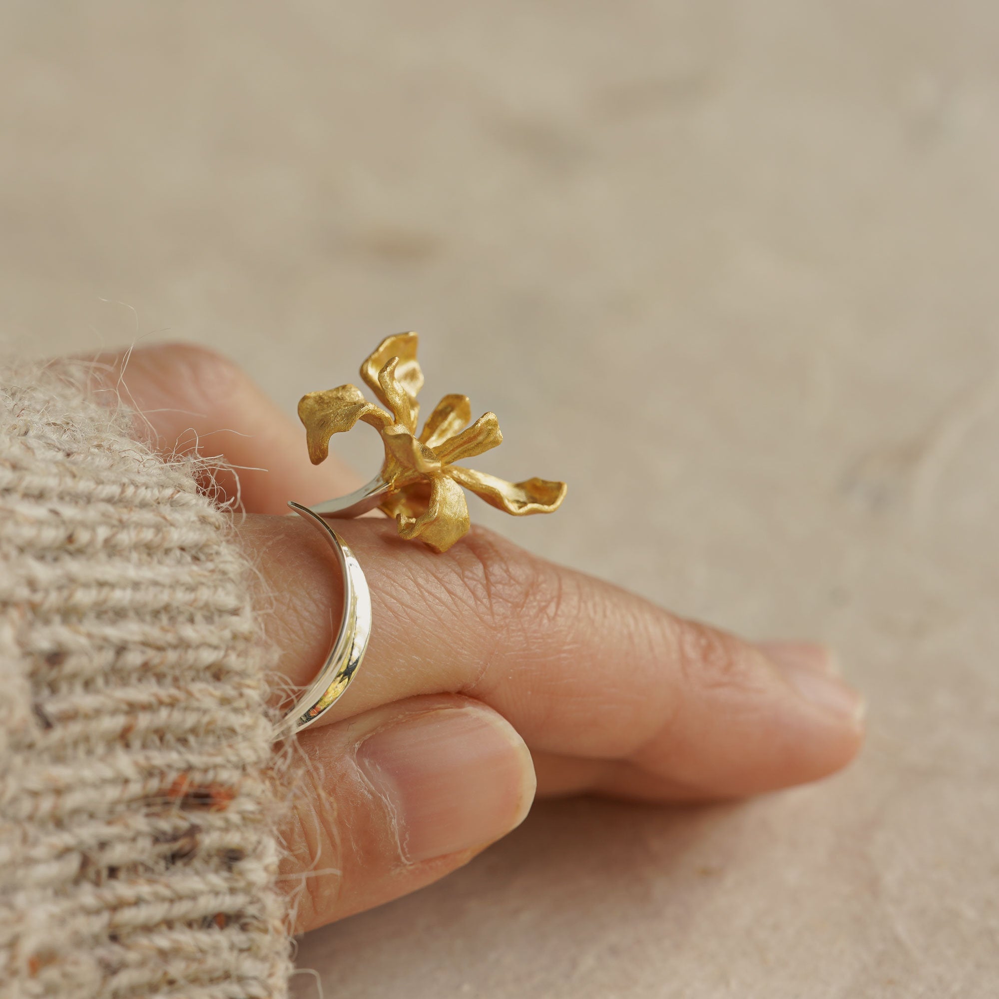 Iris ring showing handmade jewelry details