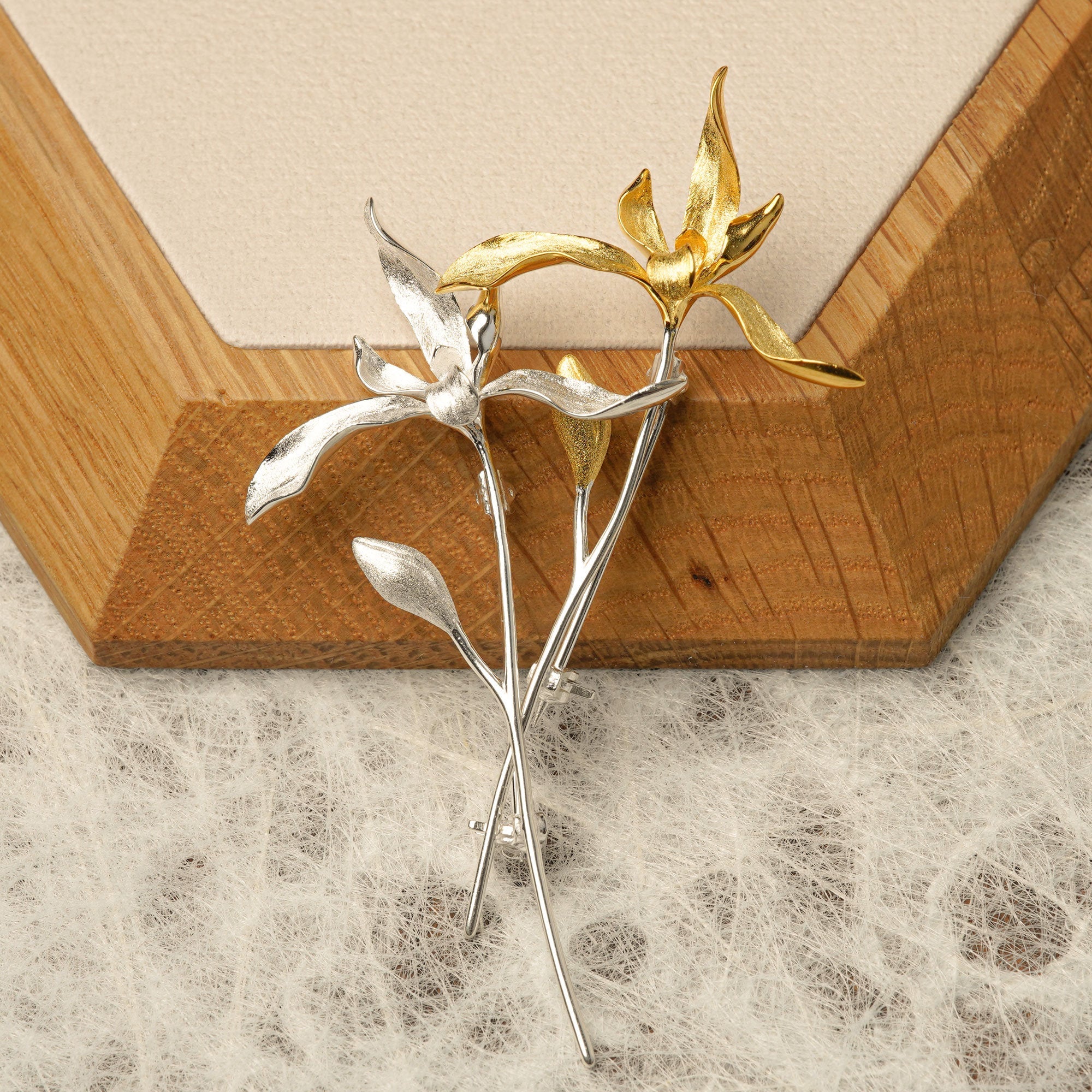 Orchid brooch product view on neutral background