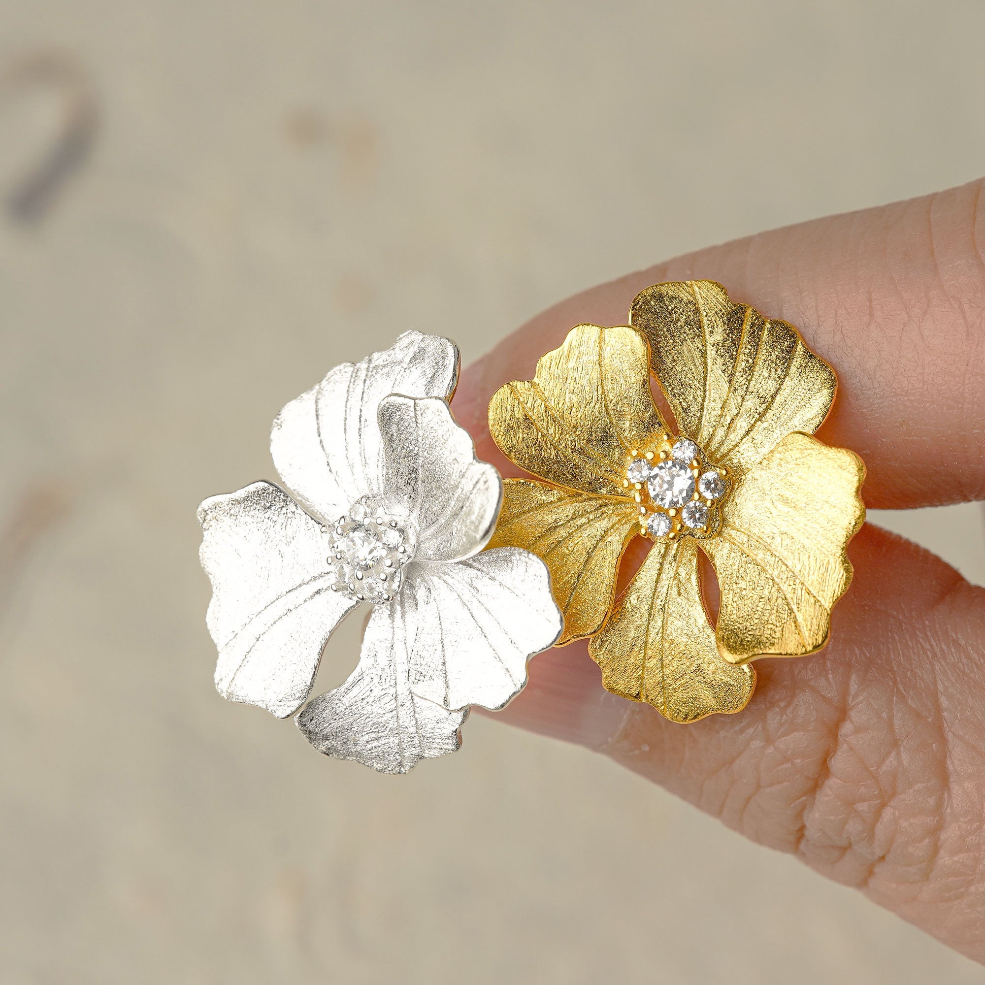 Detailed view of peony earrings
