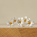 Close-up of silver flower earrings showing petal details