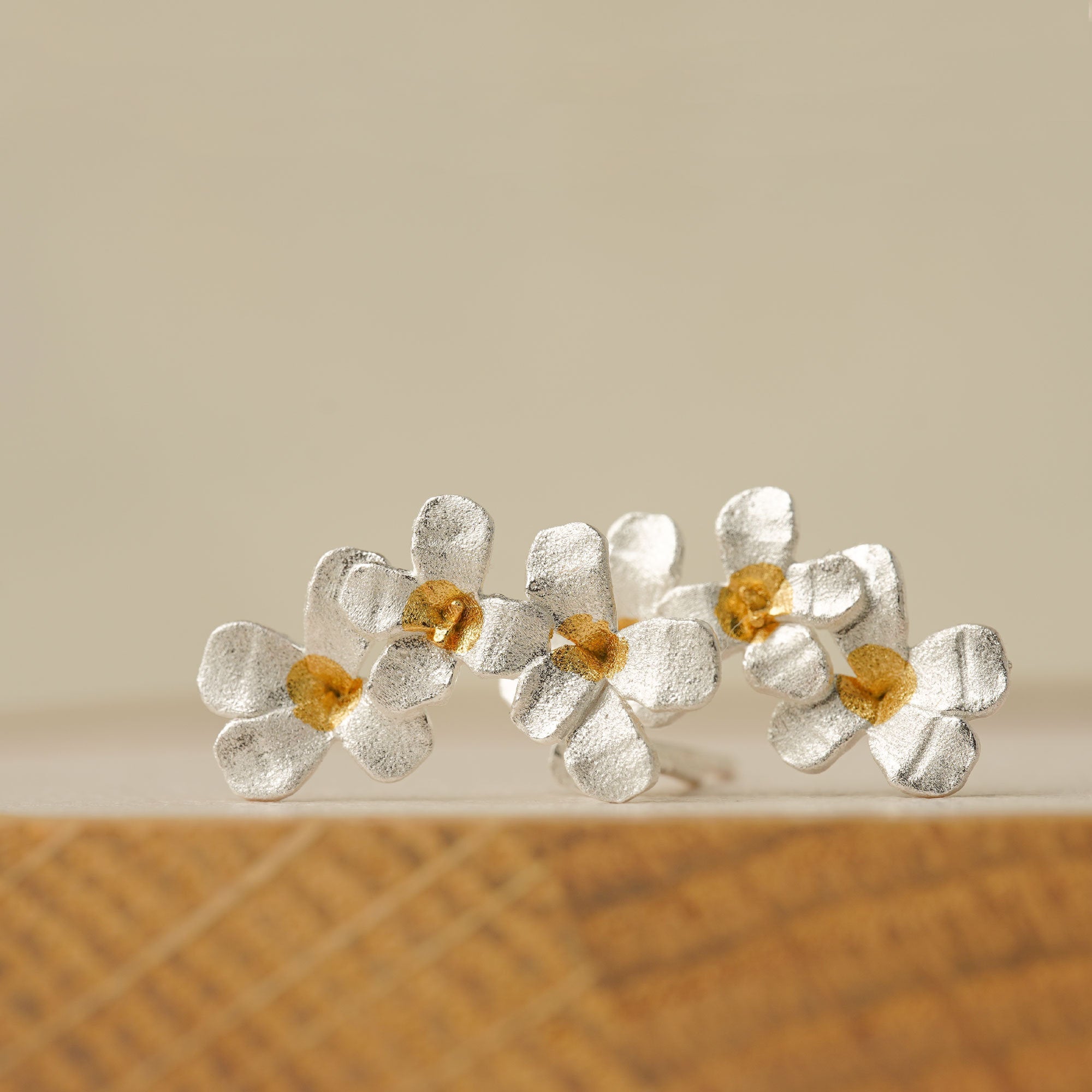 Close-up of silver flower earrings showing petal details