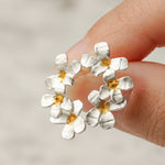 Detailed view of silver flower earrings
