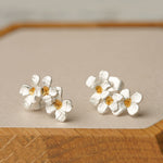 Side view of silver flower earrings with floral shape