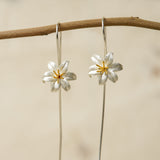 Front view of silver lily flower earrings with long hook wires