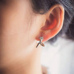 Tiny hummingbird earrings displayed as a pair